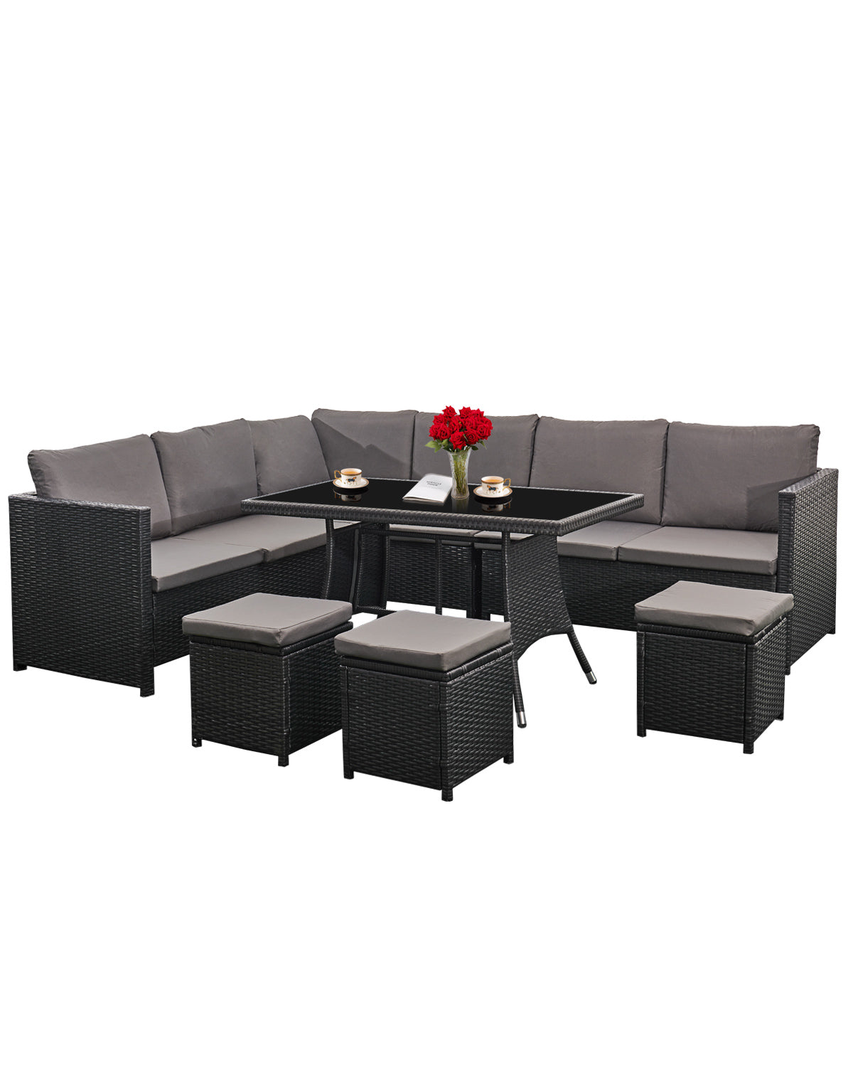 Acorn 7 Pieces Wicker Outdoor Sectional Sofa with High Table and Chairs-Black