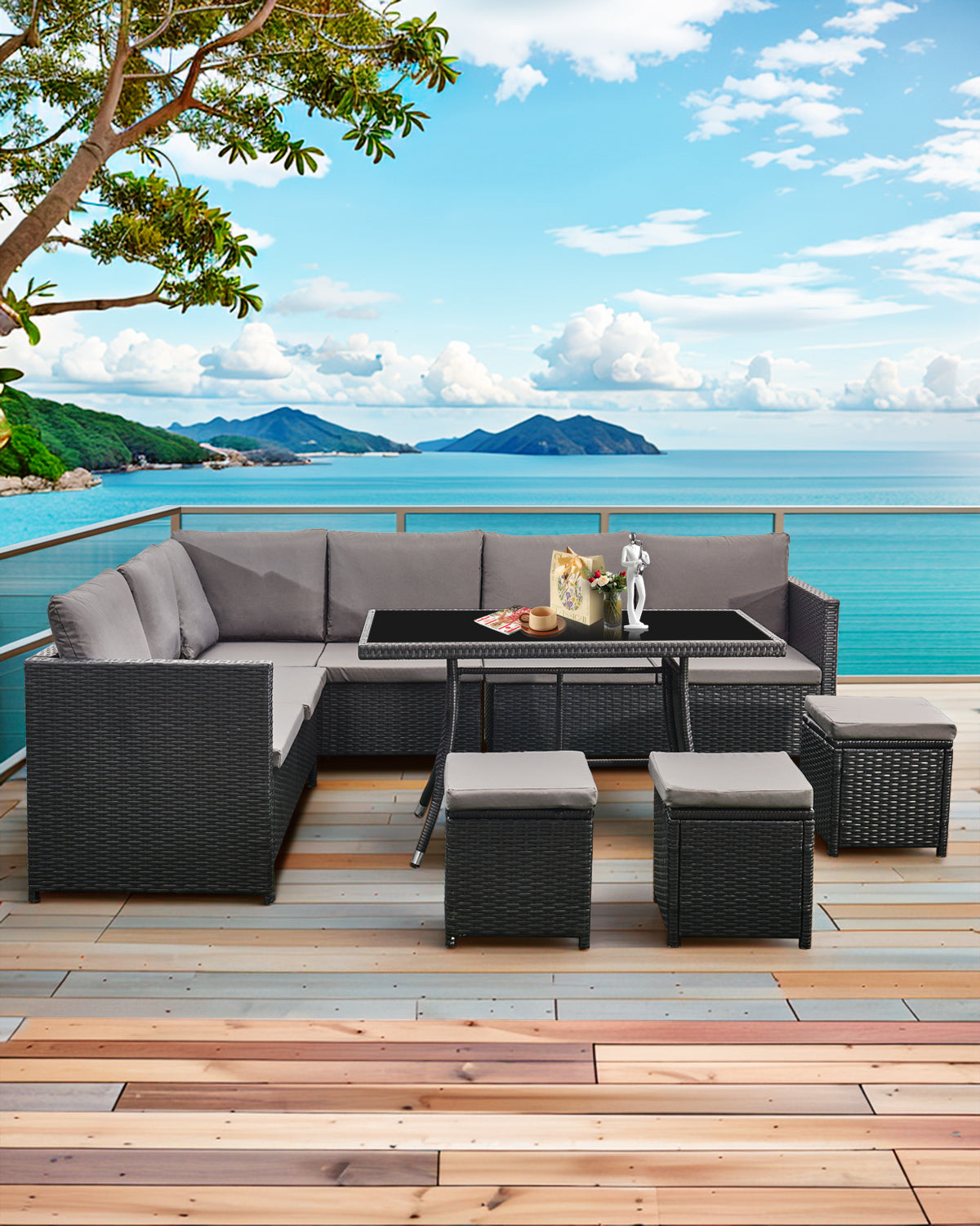 Acorn 7 Pieces Wicker Outdoor Sectional Sofa with High Table and Chairs-Black