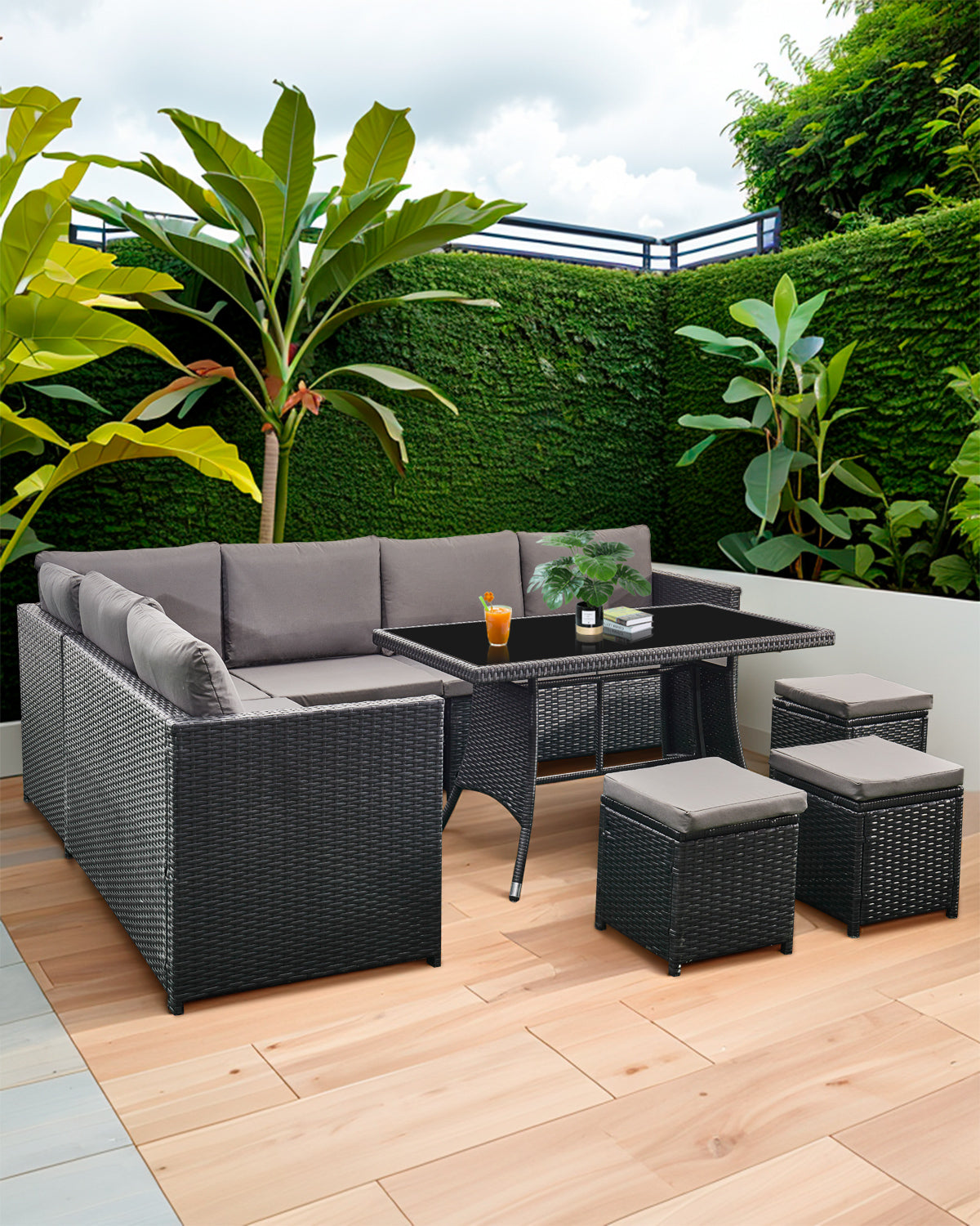 Acorn 7 Pieces Wicker Outdoor Sectional Sofa with High Table and Chairs-Black